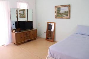 a bedroom with a bed and a tv and a mirror at Ocean View Apartments in Bridgetown