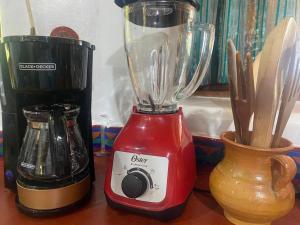 a red blender sitting on a counter next to a vase at Lake Front house, cozy and comfortable. in Santa Cruz La Laguna