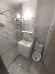 bagno con servizi igienici, lavandino e specchio di Breaza Comfort Apartment a Breaza