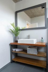 a bathroom with a sink and a mirror at VOO residence in Malečnik