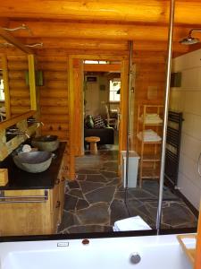 a bathroom with a tub in a wooden house at Lutterlodge in De Lutte