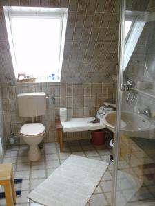 ein Bad mit einem WC und einem Waschbecken in der Unterkunft Haus mit Lilie und Rose in Westerdeichstrich