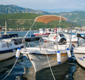 a group of boats are docked in a harbor at Davidoff Branko Kalezic in Budva