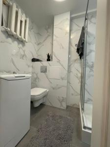 biała łazienka z toaletą i prysznicem w obiekcie New Classic 30m. w mieście Piła