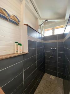 uma casa de banho com um chuveiro com paredes em azulejos azuis em Charmant bungalow avec piscine Kaz' Basse em Bouillante