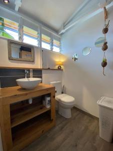 a bathroom with a sink and a toilet at Charmant bungalow avec piscine Kaz' Basse in Bouillante