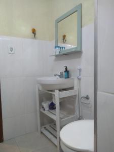 a bathroom with a sink and a toilet and a mirror at Apartamento Várzea in Teresópolis