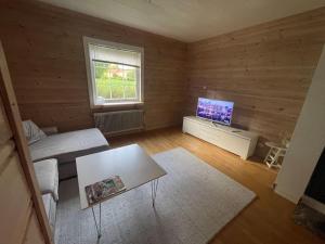 Large cozy villa between Stockholm and Oslo في Åmotsfors: غرفة معيشة مع أريكة وتلفزيون