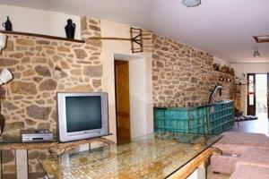 a living room with a tv on a stone wall at Casa rural Huertos de Sayago in Moralina