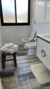 a bathroom with a toilet and a sink and a mirror at Moderno depto frente al río! in San Nicolás de los Arroyos