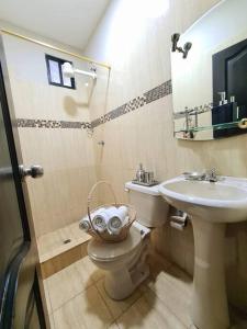 une salle de bain avec toilettes, lavabo et miroir dans l'établissement Estudio D2 Riocentro Norte-Mall Del Rio Samanes, à Guayaquil 20 autres photos