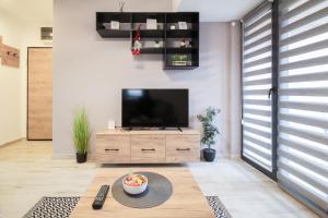 una sala de estar con TV de pantalla plana en un armario de madera en Apartman Maslacak, en Divčibare