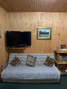 uma sala de estar com um sofá e uma televisão de ecrã plano em Guest House Đina em Žabljak