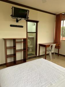 ein Schlafzimmer mit einem Bett und einem TV an der Wand in der Unterkunft Hotel Palmar del Río Premium in Archidona
