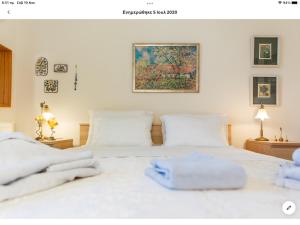 two beds in a bedroom with towels on them at Country house with amazing sea view in Kassandra