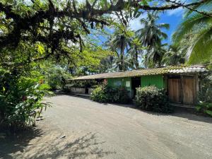 une maison verte avec un chemin de terre devant elle dans l'établissement Posadas el Nativo, à Bahía Solano