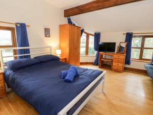 Schlafzimmer mit einem Bett mit blauer Bettwäsche und einem TV in der Unterkunft Ddol Helyg Farmhouse in Llanrug