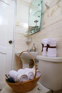 a bathroom with a basket on the toilet at Condominio Charito Suite 2G a 12 Min Malecon 2000 in Guayaquil