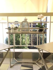 een witte plank met planten voor een raam bij Tiny Deluxe Suite in Kalamaria in Thessaloniki