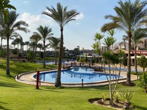 una gran piscina con palmeras en un parque en Al-Rehab luxury apartment en El Cairo