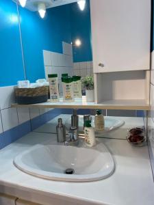 a bathroom counter with a sink and a mirror at Superbe studio cosy et atypique 3 étoiles in Montbéliard