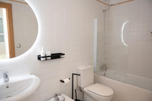 La salle de bains est pourvue de toilettes, d'un lavabo et d'un miroir. dans l'établissement El Arenal apartment, à Séville