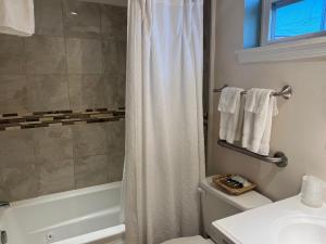 uma casa de banho com uma cortina de chuveiro, um WC e um lavatório. em Carbone's Beachside Guest Rooms em Sylvan Beach