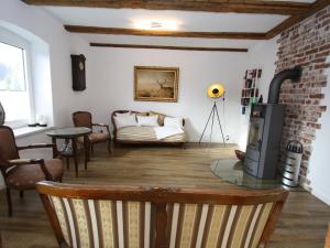 een woonkamer met een bank en een open haard bij charming apartment with fireplace in Zarchlin