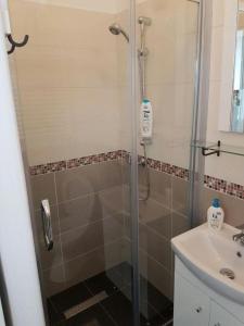 a shower with a glass door next to a sink at FLH - Studio Mai cu aroma de cafea si ceai in Sibiu