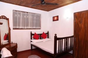 a bedroom with a bed with red pillows and a mirror at SYDNEY HOMESTAY in Hikkaduwa