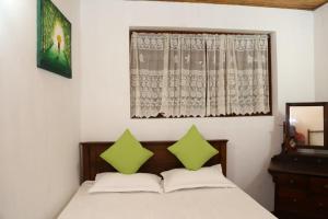 a bedroom with a bed with two green pillows at SYDNEY HOMESTAY in Hikkaduwa