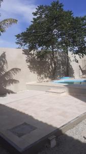ein großer Betonbereich mit einem Baum und einem Gebäude in der Unterkunft Aconchego Meu in Cabo Frio