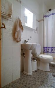 een witte badkamer met een wastafel en een toilet bij Hotel Orfeas in Delfoi