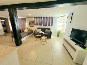ein Wohnzimmer mit einem Sofa und einem TV in der Unterkunft Barak Royal Suites 20 sea view - ג'קוזי בחצר ומרפסות עם נוף לים in Eilat
