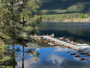 a dock on a lake with boats in the water at Laftet hytte i strandkanten med bade og fiske muligheter in Vradal