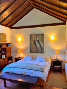 a bedroom with a bed with two lamps and two birds on the wall at Casa Rural CaChispita in Teror