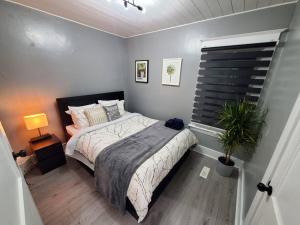 um quarto com uma cama e um vaso de plantas em PRIVATE & COMFORTABLE Full house near Royal Alexandra Hospital Stadium Downtown & Mall Access em Edmonton