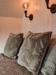 two pillows sitting on top of a bed at Stunning Shepherd's Hut Retreat North Devon in Bideford