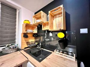 uma cozinha com um lavatório e armários de madeira em GOOD PLACE 4U Apartament na Jurze em Zawiercie