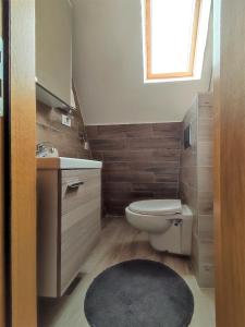 a bathroom with a toilet and a sink and a rug at Apartman Maslacak in Divčibare