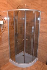 um chuveiro com uma porta de vidro num piso de madeira em Bursztynowa em Łuków