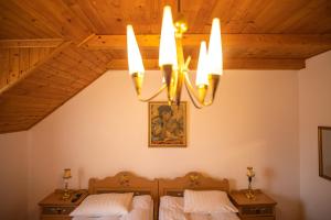 Un dormitorio con dos camas y una lámpara de araña. en Pensiunea Sachsenhof, en BÄƒgaciu