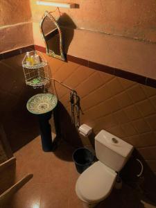 a bathroom with a toilet and a sink and a mirror at La Fibule D'or in Aït Benhaddou