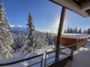 Cette chambre dispose d'un balcon avec des arbres enneigés. dans l'établissement Superbe appartement Chamrousse près des pistes, à Chamrousse