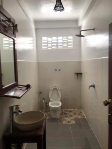 桔井Nomad Guesthouse的配有马桶、水槽和镜子的浴室