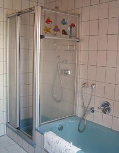 a shower in a bathroom with a blue tub at Haus Resi in Mähring