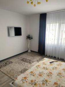 a living room with a television and a rug at Casa Zeus in Seini