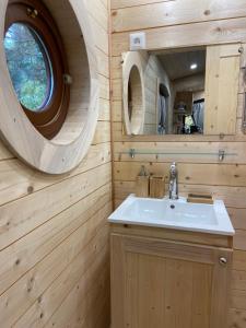 a bathroom with a sink and a round mirror at Les roulottes a Sandie in Thionville