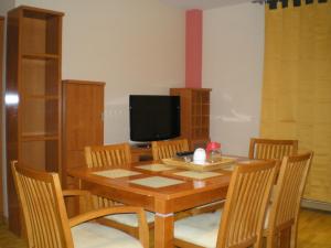a dining room table with chairs and a television at Apartamentos Plaza España Deluxe in Zaragoza