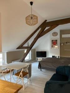 Studio Saint Ayoul في بروفين: غرفة معيشة مع سرير وطاولة